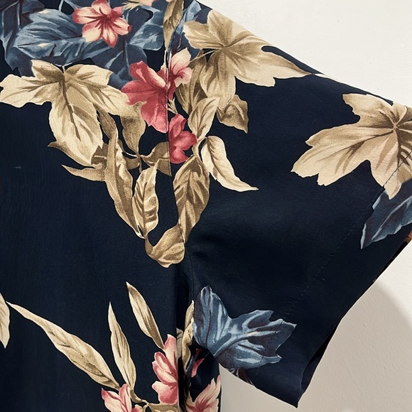 Rena Rowan Vintage Silk Short Sleeve Blouse Top Navy Blue Floral Large Petite - Picture 4 of 9